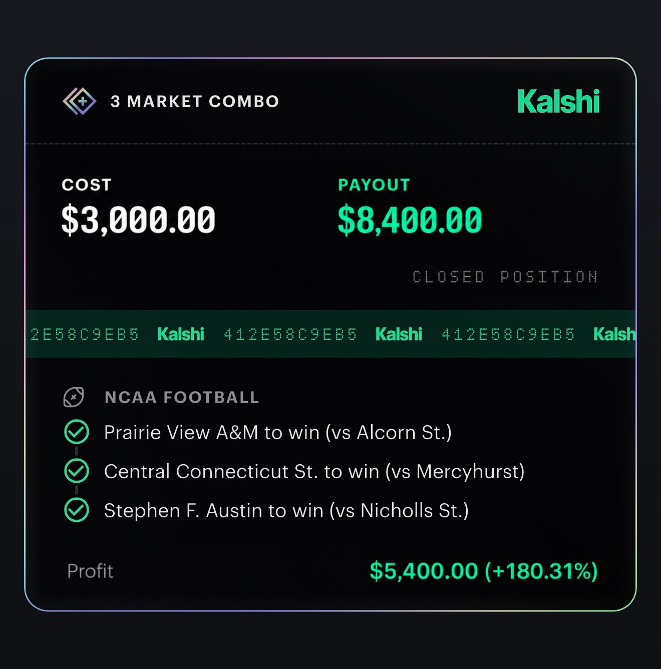 Winning combo: Prairie View A&M, Central Connecticut St. and Stephen F. Austin to win — $5,400 profit