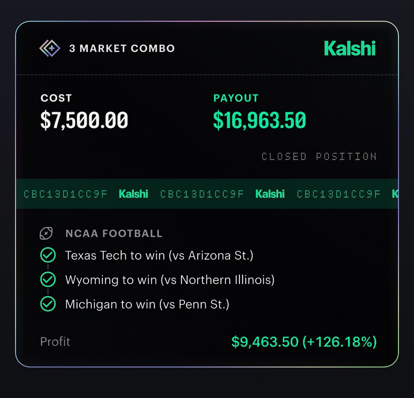 Winning combo: Texas Tech, Wyoming and Michigan to win — $9,463.50 profit