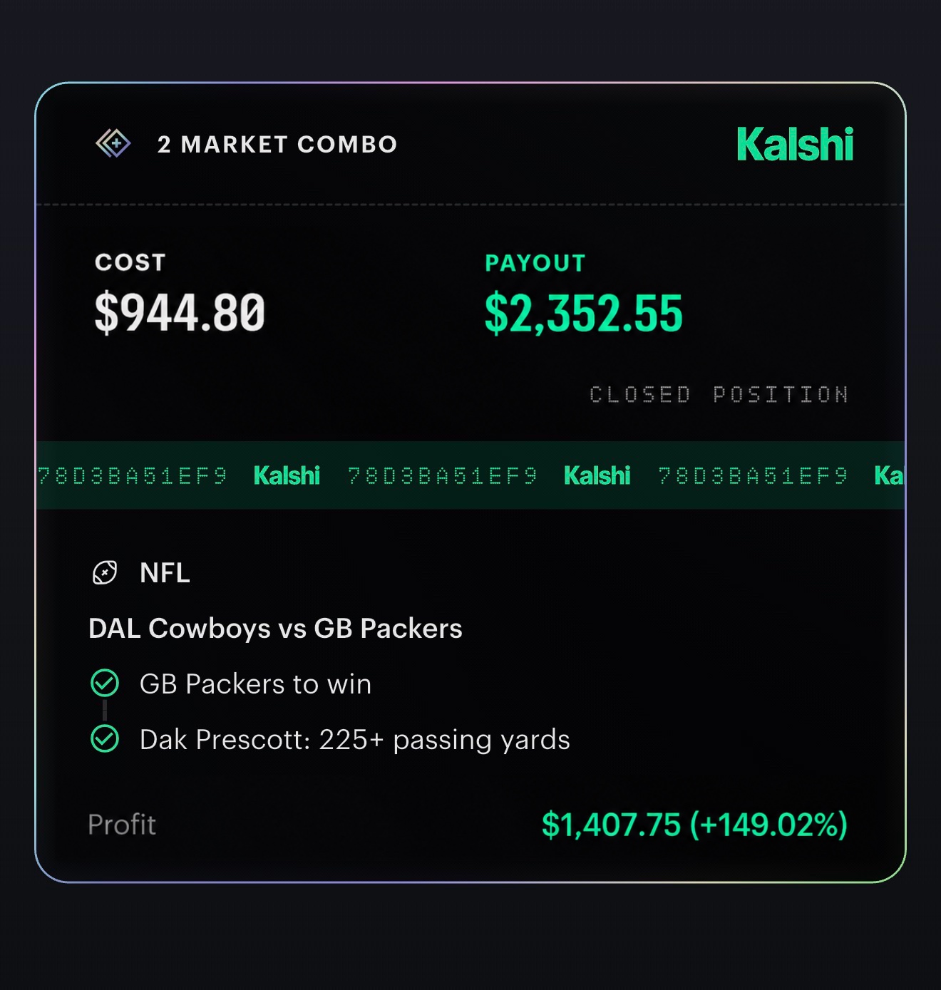 Kalshi 2-market combo: Packers to win and Dak Prescott 225+ passing yards — $944.80 cost, $2,352.55 payout and $1,407.75 profit